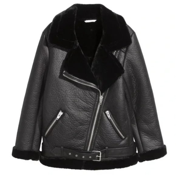 H&M Black Faux Leather/Shearling Biker Jacket - Size 6 - Picture 1 of 5